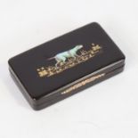 A 19th century tortoiseshell, gold and mother-of-pearl inlaid snuffbox of rectangular form, the