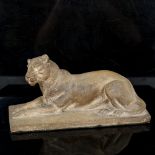 A hand sculpted clay lioness, early 20th century, unsigned, length 27cm