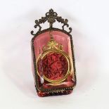 19th century cranberry glass and gilt-brass mounted pocket watch display cabinet, height 13cm, width