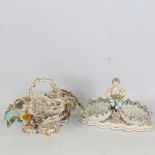 2 Continental porcelain table centre bowls, encrusted with flowers, length 26cm (2)