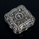 A late 19th/early 20th century Dutch silver snuffbox, square cushion form with wirework and engine