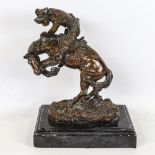 After F Remington, reproduction patinated bronze sculpture, the rattle snake, marble plinth,