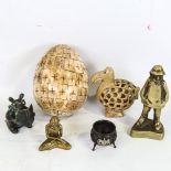 A mixed group of items, including bronze fisherman, height 15cm, Irish bog oak miniature cauldron