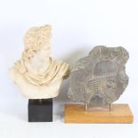 A museum replica relief plaque on oak base, height 28cm, and museum replica bust, height 36cm (2)