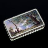 A fine Continental silver and guilloche enamel box, rectangular form with hand painted landscape