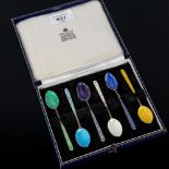 A set of 6 Elizabeth II silver and harlequin enamel coffee spoons, by Gibson & Co Ltd, hallmarks