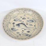 A Chinese blue and white ceramic bowl, with hand painted fish design, diameter 34cm