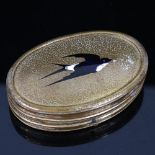 A Victorian gilt-metal and enamel etui, with bird decorated lid, length 9.5cm