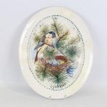 David Sharp Rye Pottery oval platter, hand painted bird and nest design, dated 1972, length 47cm (