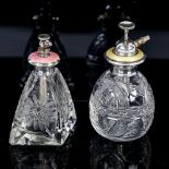 2 cut-glass silver and coloured enamel atomiser perfume bottles, largest height 12cm