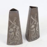 WMF - pair of plated spill vases of tapered triangular form, with relief moulded designs of Dutch