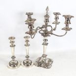 An electroplate 4-branch table candelabra, height 46cm, and a pair of plated candlesticks, height