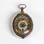 An 18th century Bilston enamel trinket box pocket watch, enamelled brass dial with Roman numeral