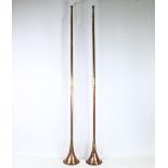 A pair of late 19th century copper and brass coaching horns, length 121cm