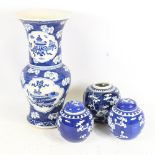 A Chinese blue and white porcelain vase, height 35cm, and 3 blue and white jars (4)