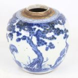 A Chinese blue and white porcelain jar, hand painted heron designs, height 18cm, no lid