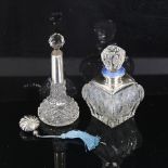 A silver and enamel mounted cut-glass perfume bottle, height 13cm, a cut-glass perfume bottle with