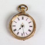 A Swiss 14ct gold open-face top-wind fob watch, white enamel dial with Roman numeral hour markers