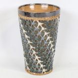 Doulton Lambeth stoneware beaker, relief moulded design with plated rim, monogram for Harriett