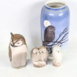 3 Royal Copenhagen owls, largest height 15cm, and Royal Copenhagen owl decorated vase, height