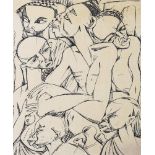 20th century African School, lithograph, group of figures, indistinctly signed, 40cm x 48cm, mounted