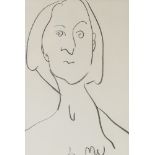 Michael Wilding, charcoal line drawing, portrait, signed with monogram, Exhibition label verso, 35cm