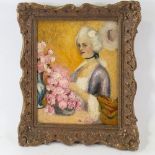 19th century oil on canvas, portrait of a woman with flowers, unsigned, 25cm x 19cm, framed Very