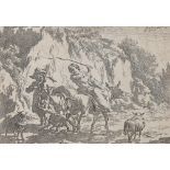 Nicolaes Berchem (1620 - 1683), engraving, travellers on a road, plate 14.5cm x 19cm, unframed