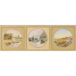 3 early 20th century miniature watercolours on silk, rural scenes, unsigned, overall frame