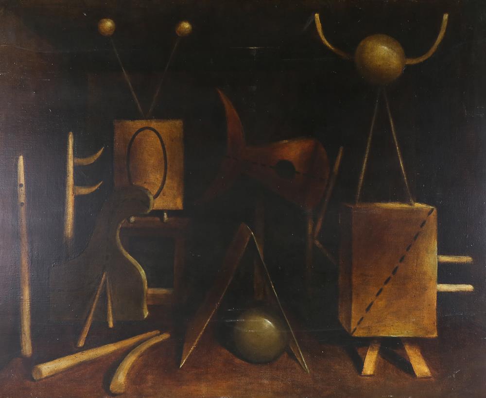 Mid-20th century oil on canvas, surrealist still life, unsigned, 102cm x 127cm, unframed Image is