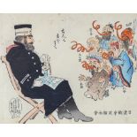 Chinese School, hand coloured print, military study with text inscription, 19cm x 24cm, framed Light