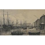 Lucien Gautier, engraving, docklands scene 1883, plate 22cm x 37cm, framed Even paper discolouration