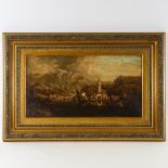 19th century Italian School, oil on canvas, a lakeside town near the mountains, unsigned, 30cm x