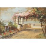 Max Romer, watercolour, a terrace on Madeira, signed and dated 1953, 19cm x 27cm, framed Slight