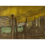 John Brunsden, coloured etching, the Rialto Bridge, signed, 58/150, plate 45cm x 60cm, framed Good