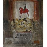 Leo McDowell, mixed media, watercolour/gouache, horse and rider, signed, 68cm x 57cm, framed Very