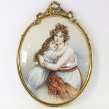 19th century watercolour, Classical portrait, woman and child, unsigned, gilt-brass frame with