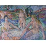 Mid-20th century oil on canvas, girls bathing, unsigned, 85cm x 111cm, framed Good original