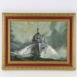 Dion Pears, oil on board, Navy ship at full speed, signed, 25cm x 35cm, framed Good original