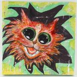 Contemporary oil on canvas, Louis Wain style cat, 50cm x 50cm, unframed Very good condition