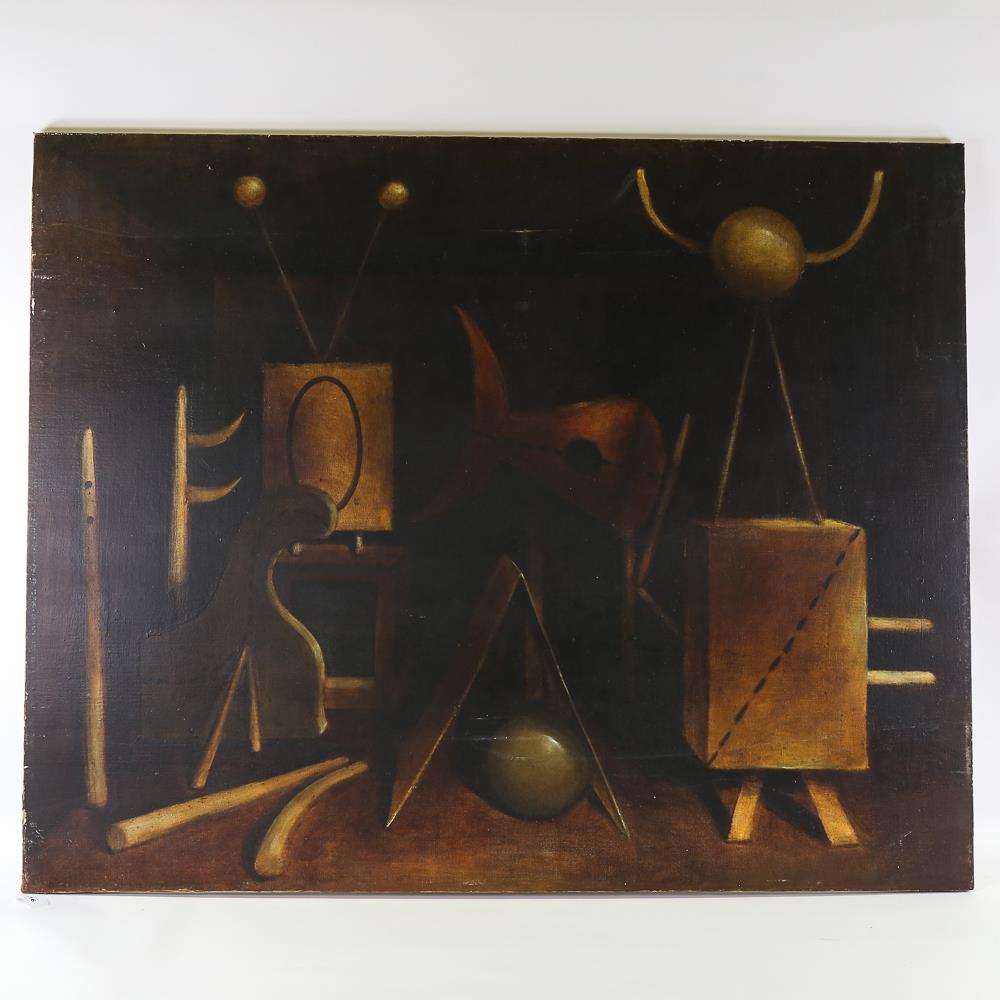 Mid-20th century oil on canvas, surrealist still life, unsigned, 102cm x 127cm, unframed Image is - Image 2 of 9