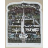 Graham Clarke, coloured etching, Hampton tennis court, signed, artist's proof 48/200, plate 42cm x