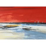Tim Nash, original watercolour, red sky, signed, 24cm x 33cm, framed