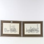 L J Burson, 2 pencil drawings, detailed studies of early steam trains, signed and dated 1987 with