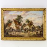 19th century English School, a busy village scene with figures horses and carts, unsigned, 14" x
