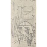Pencil sketch, interior scene, signed with monogram, 32cm x 19cm, framed Light creases through being