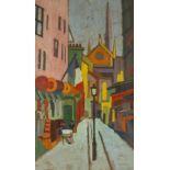 Oil on board, expressionist style street scene, unsigned, 75cm x 45cm, framed Very good condition