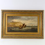 19th century oil on canvas, fishing fleet off Dover, unsigned, 30cm x 56cm, framed Good condition,