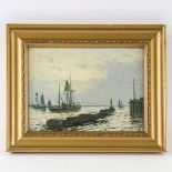 Edward Fletcher, oil on board, sailing ships and barges on the Thames, 14cm x 19cm, framed Good