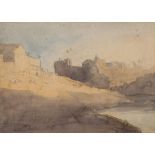 Circle of J M W Turner, early 19th century watercolour, hilltop castle, unsigned, 18cm x 23cm,